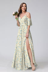 A-Line/Princess Cold Shoulder Short Sleeves Ruched Floral Bridesmaid Dresses Yellow