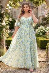 A-Line/Princess Cold Shoulder Short Sleeves Ruched Plus Size Floral Bridesmaid Dresses Blue