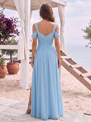 A-Line/Princess Cold Shoulder Short Sleeves Split Side Ruched Floor-Length Chiffon Bridesmaid Dresses