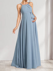 A-Line/Princess Halter Sleeveless Floor-Length Maternity Bridesmaid Dresses with Bow & Pleats