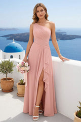 A-Line/Princess One-Shoulder Long Bridesmaid Dresses with Split Side As Picture
