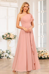 A-Line/Princess One-Shoulder Long Wedding Party Dresses with Split Side