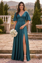 A-Line/Princess Silk Satin V-Neck Floor-Length Bridesmaid Dresses With Split Side