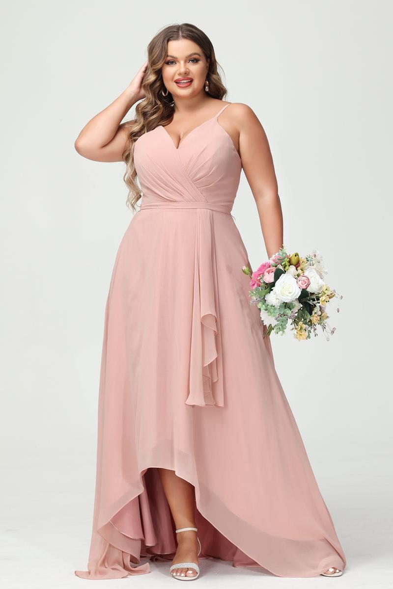 A-Line/Princess Spaghetti Straps Chiffon Ruffles Asymmetrical Plus Size Bridesmaid Dresses with Pockets