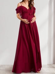 A-Line/Princess Spaghetti Straps Floor-Length Maternity Bridesmaid Dresses with Bow & Pleats
