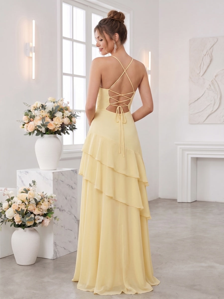 A-Line/Princess Spaghetti Straps Sleeveless Floor-Length Bridesmaid Dresses with Ruffles