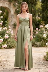 A-Line/Princess Spaghetti Straps Sleeveless Floor-Length Ruched Bridesmaid Dresses with Split Side