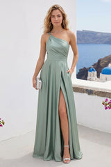 A-Line/Princess Spaghetti Straps Sleeveless Long Ruched Bridesmaid Dresses With Split Side As Picture