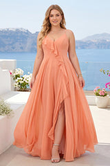 A-Line/Princess Spaghetti Straps V-Neck Long Plus Size Bridesmaid Dresses with Split Side & Ruffles
