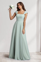 A-Line/Princess Square Neck Floor-Length Bridesmaid Dresses With Pockets