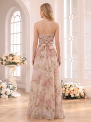 A-Line/Princess Strapless Sleeveless Floor-Length Bridesmaid Dresses with 3D Floral & Ruffles