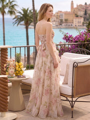A-Line/Princess Strapless Sleeveless Floor-Length Bridesmaid Dresses with 3D Floral & Ruffles