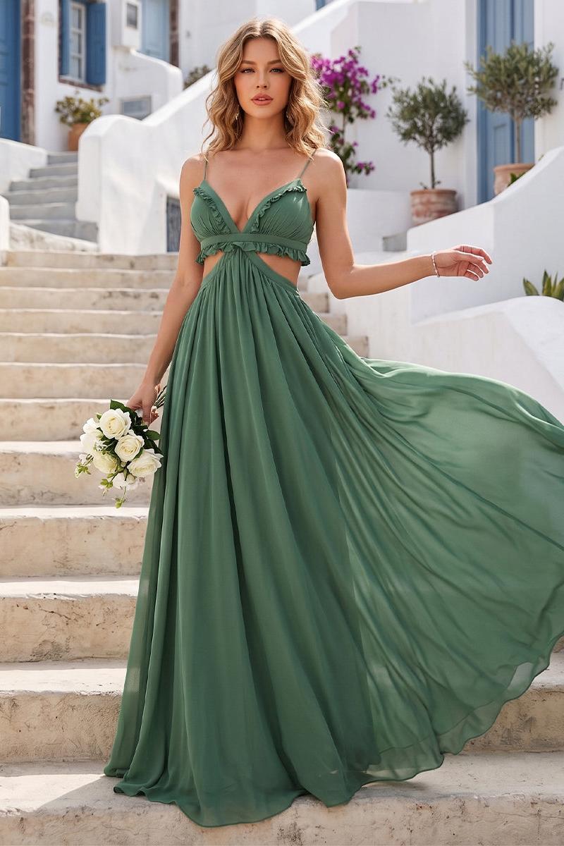 A-Line/Princess Straps V-Neck Side Cutout Bridesmaid Dresses with Ruffles