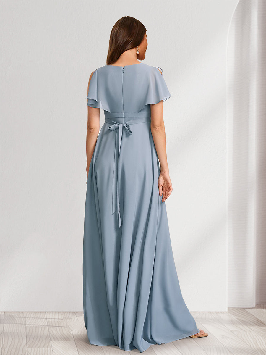 A-Line/Princess V-Neck Flutter Sleeves Maternity Bridesmaid Dresses with Bow & Ruffles