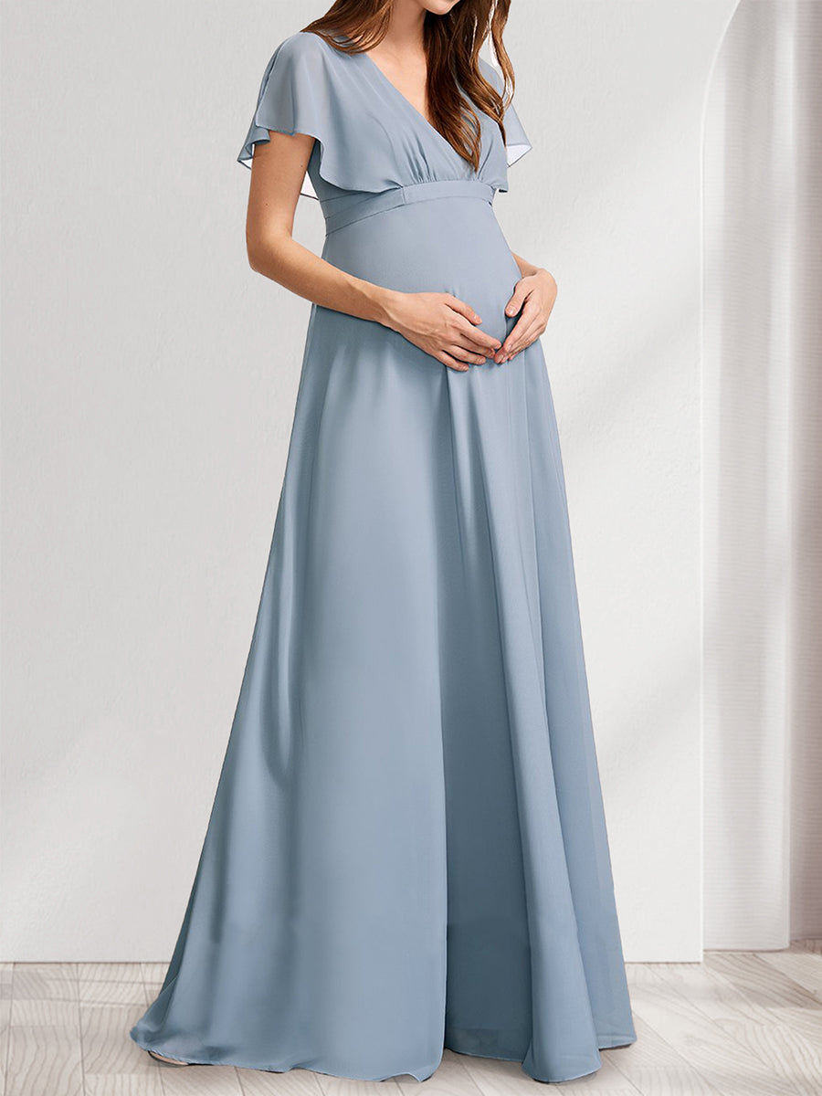 A-Line/Princess V-Neck Flutter Sleeves Maternity Bridesmaid Dresses with Bow & Ruffles