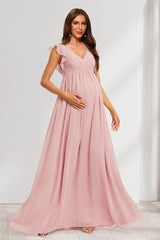 A-Line/Princess V-Neck Flutter Sleeves Ruched Long Maternity Bridesmaid Dresses with Pleats