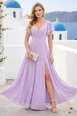A-Line/Princess V-Neck Long Bridesmaid Dresses with Split Side & Beading