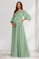 A-Line/Princess V-Neck Long Sleeves Maternity Bridesmaid Dresses with Ruffles & Bow