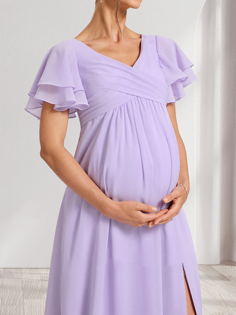 A-Line/Princess V-Neck Ruched Chiffon Maternity Bridesmaid Dresses with Pleats & Ruffles
