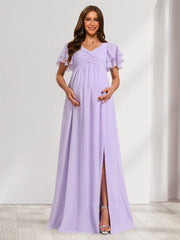 A-Line/Princess V-Neck Ruched Chiffon Maternity Bridesmaid Dresses with Pleats & Ruffles