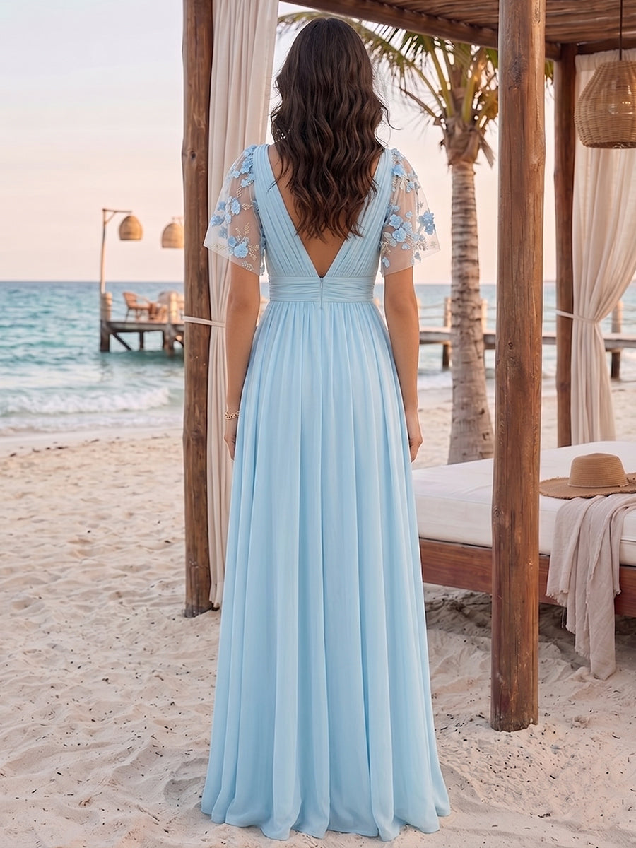 A-Line/Princess V-Neck Short Sleeves Floor-Length Applique Bridesmaid Dresses With Split Side