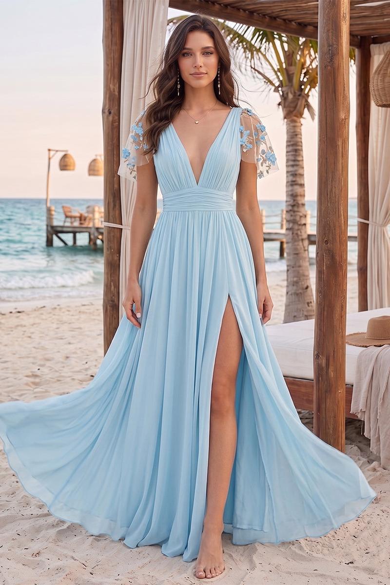 A-Line/Princess V-Neck Short Sleeves Floor-Length Applique Bridesmaid Dresses With Split Side