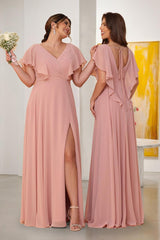 A-Line/Princess V-Neck Short Sleeves Floor-Length Ruched Bridesmaid Dresses With Side Slit Dusty Rose