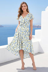 A-Line/Princess V-Neck Short Sleeves Ruffles Floral Bridesmaid Dresses Blue