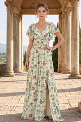 A-Line/Princess V-Neck Short Sleeves Split Side Floral Bridesmaid Dresses Green