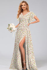 A-Line/Princess V-Neck Short Sleeves Watteau Train Floral Bridesmaid Dresses Pink