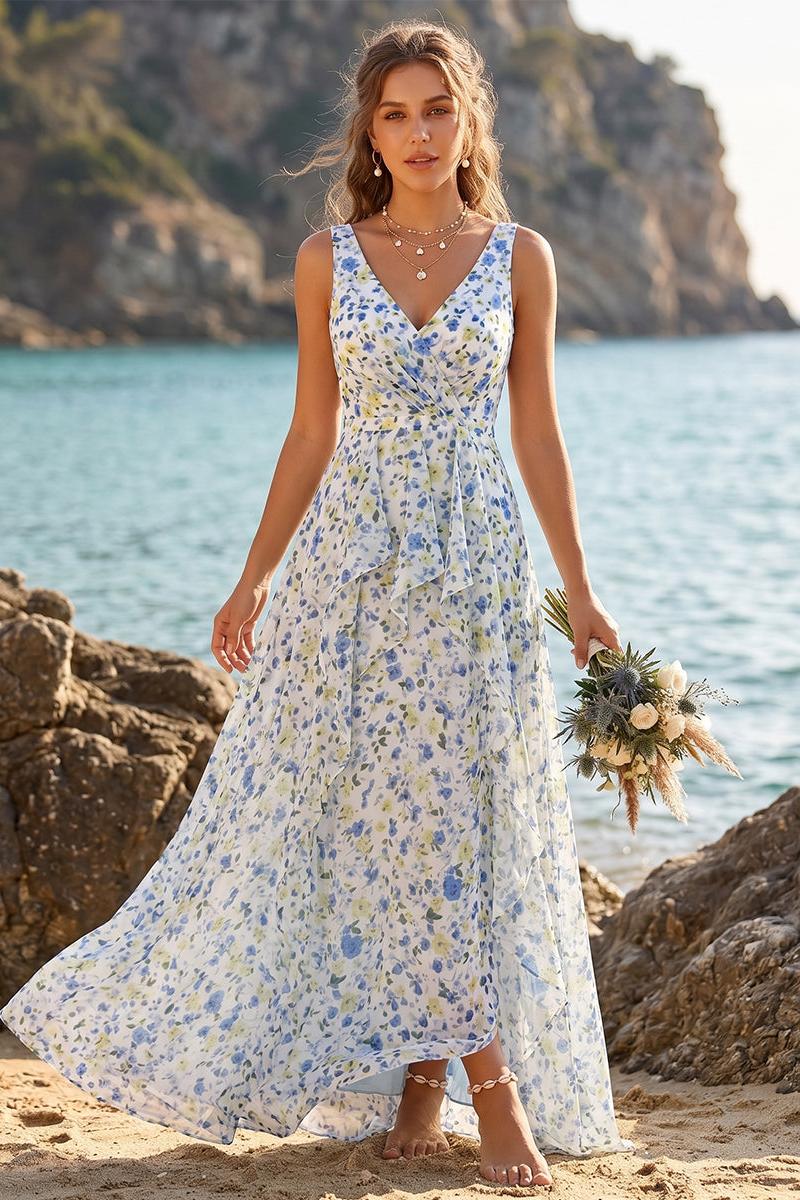 A-Line/Princess V-Neck Sleeveless Ruffles Floral Bridesmaid Dresses Blue
