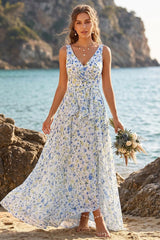 A-Line/Princess V-Neck Sleeveless Ruffles Floral Bridesmaid Dresses Blue