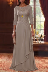 A-Line/Princess Scoop Chiffon Mother of the Bride Dresses 3/4 Sleeves Lace Floor-Length With Pleated