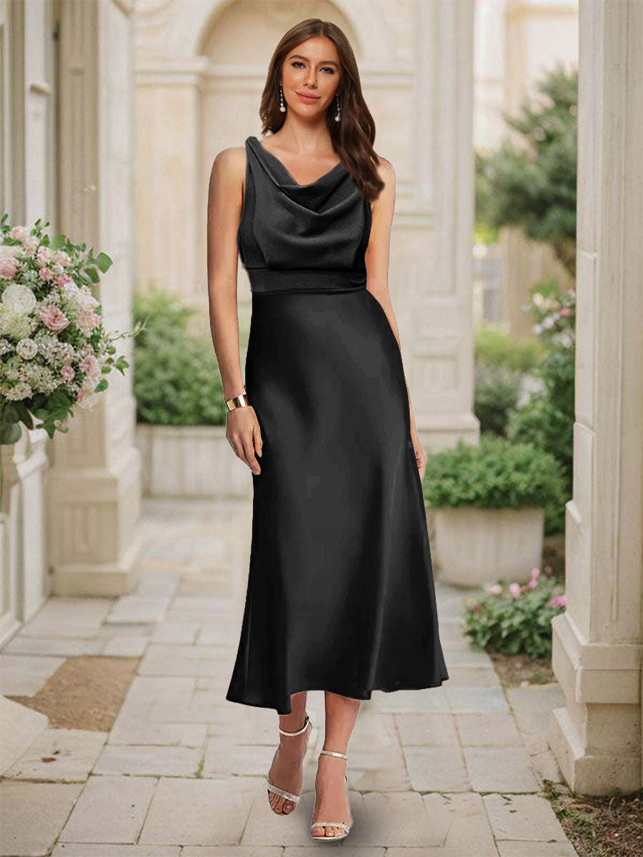 Trumpet/Mermaid Cowl Neck Sleeveless Tea-Length Ruched Bridesmaid Dresses Black