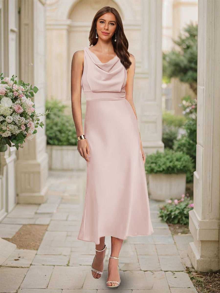 Trumpet/Mermaid Cowl Neck Sleeveless Tea-Length Ruched Bridesmaid Dresses Blush Pink