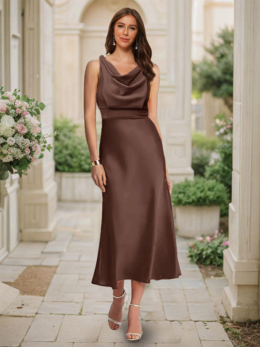 Trumpet/Mermaid Cowl Neck Sleeveless Tea-Length Ruched Bridesmaid Dresses Brown