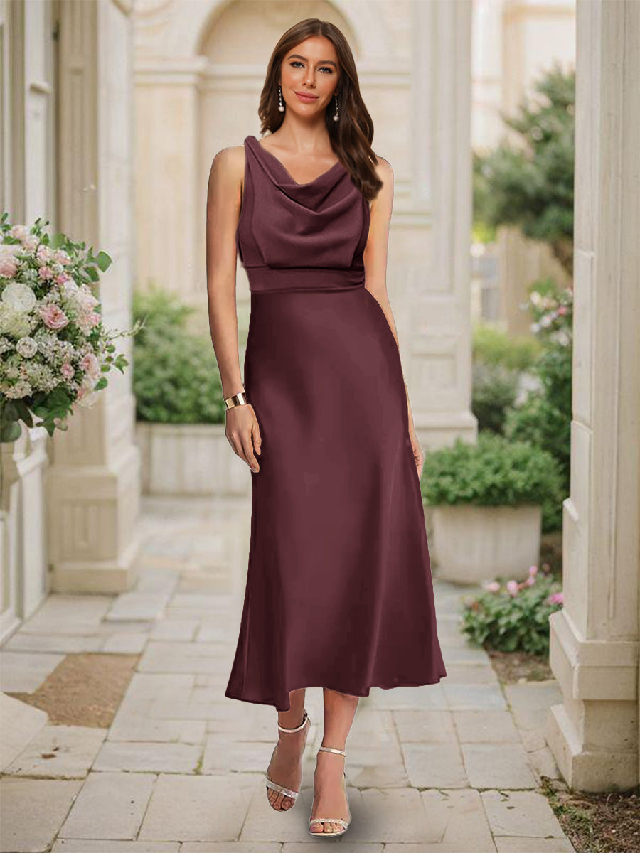 Trumpet/Mermaid Cowl Neck Sleeveless Tea-Length Ruched Bridesmaid Dresses Burgundy