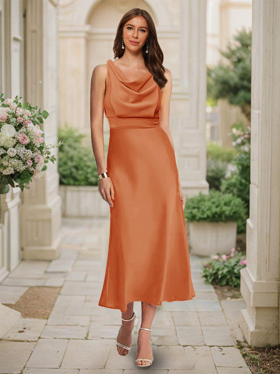 Trumpet/Mermaid Cowl Neck Sleeveless Tea-Length Ruched Bridesmaid Dresses Burnt Orange