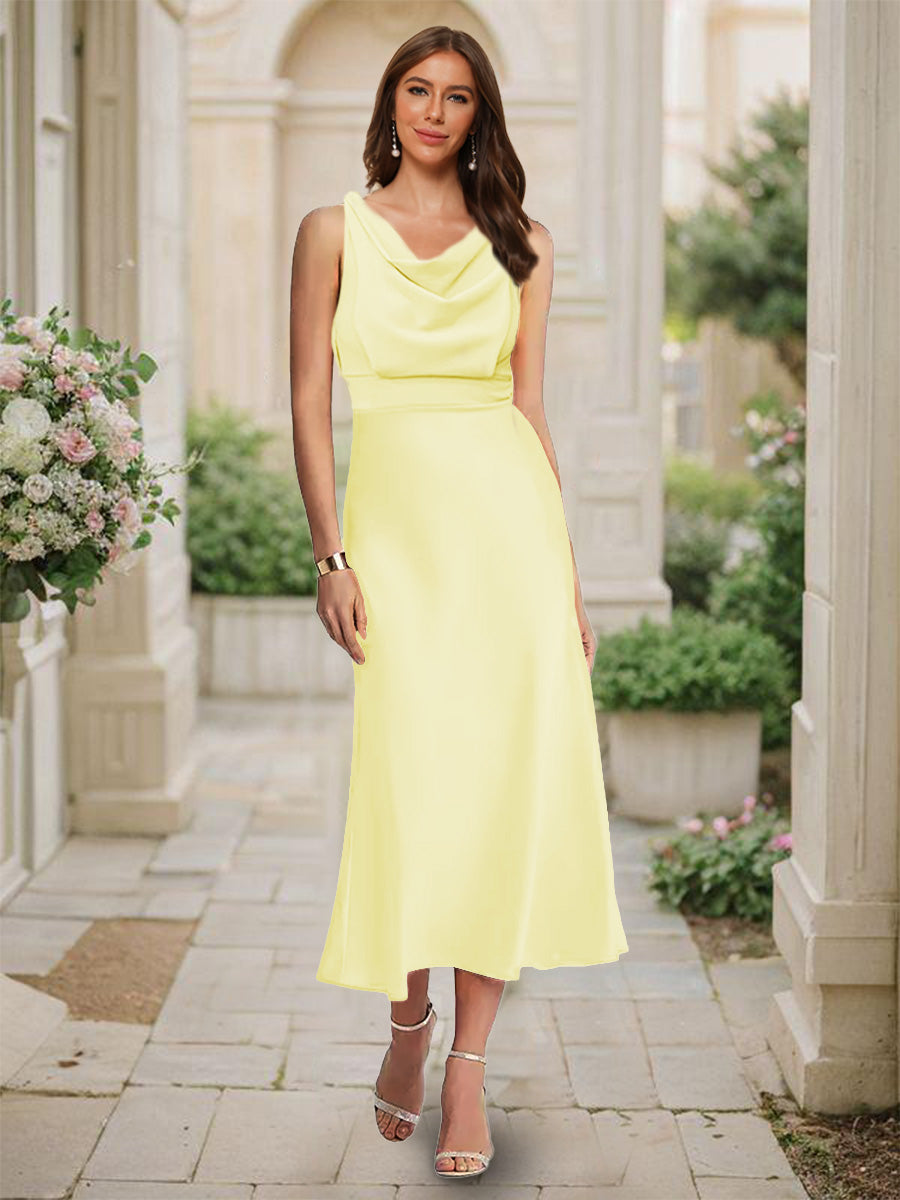 Trumpet/Mermaid Cowl Neck Sleeveless Tea-Length Ruched Bridesmaid Dresses Canary