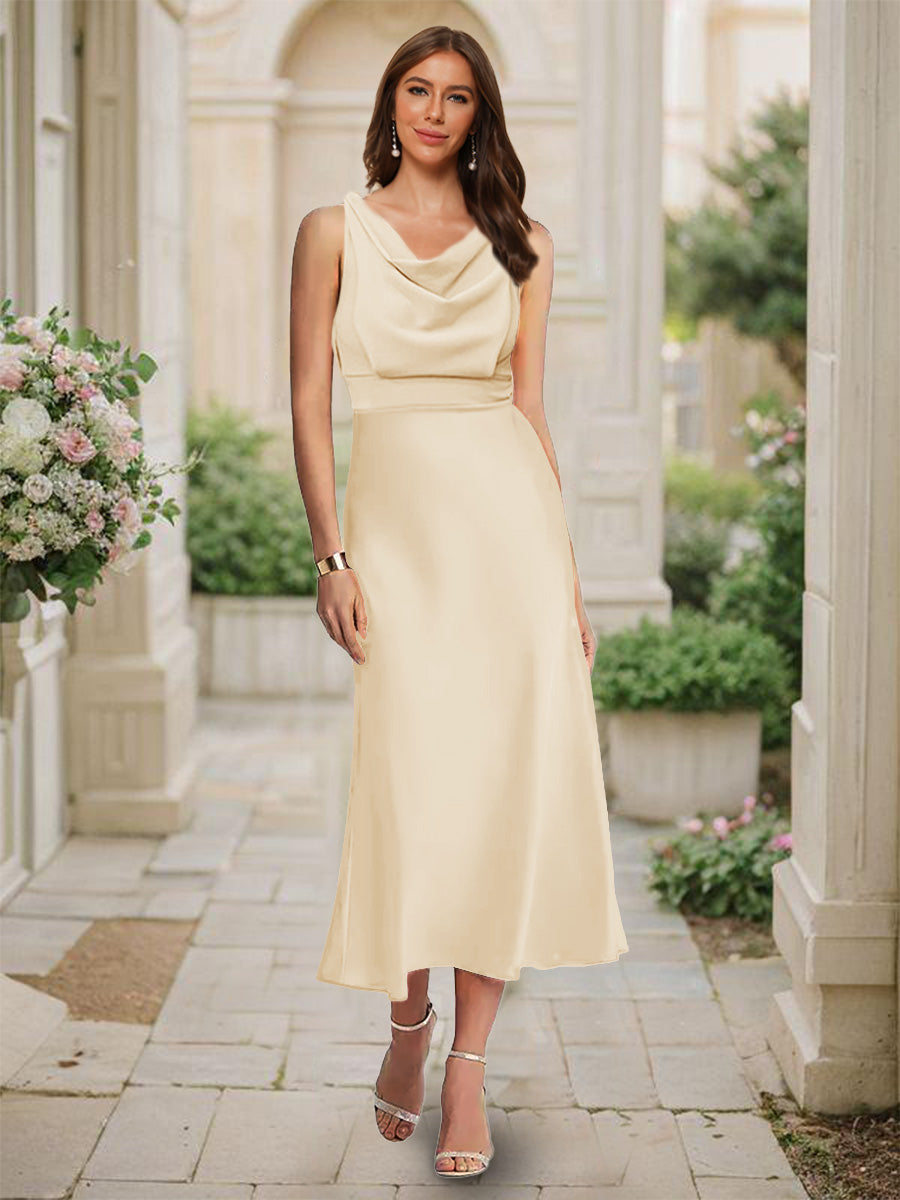 Trumpet/Mermaid Cowl Neck Sleeveless Tea-Length Ruched Bridesmaid Dresses Champagne