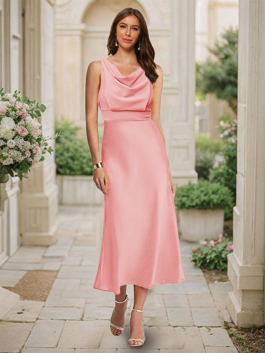 Trumpet/Mermaid Cowl Neck Sleeveless Tea-Length Ruched Bridesmaid Dresses Coral
