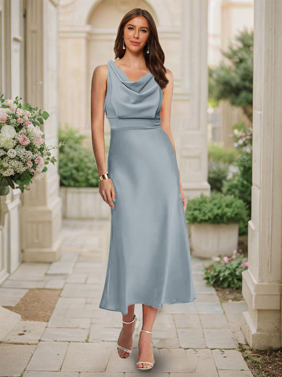 Trumpet/Mermaid Cowl Neck Sleeveless Tea-Length Ruched Bridesmaid Dresses Dusty Blue