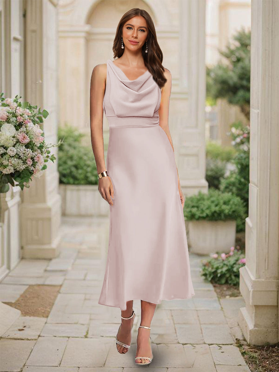Trumpet/Mermaid Cowl Neck Sleeveless Tea-Length Ruched Bridesmaid Dresses Dusty Pink