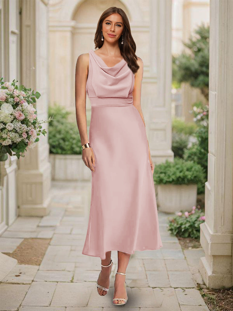 Trumpet/Mermaid Cowl Neck Sleeveless Tea-Length Ruched Bridesmaid Dresses Dusty Rose