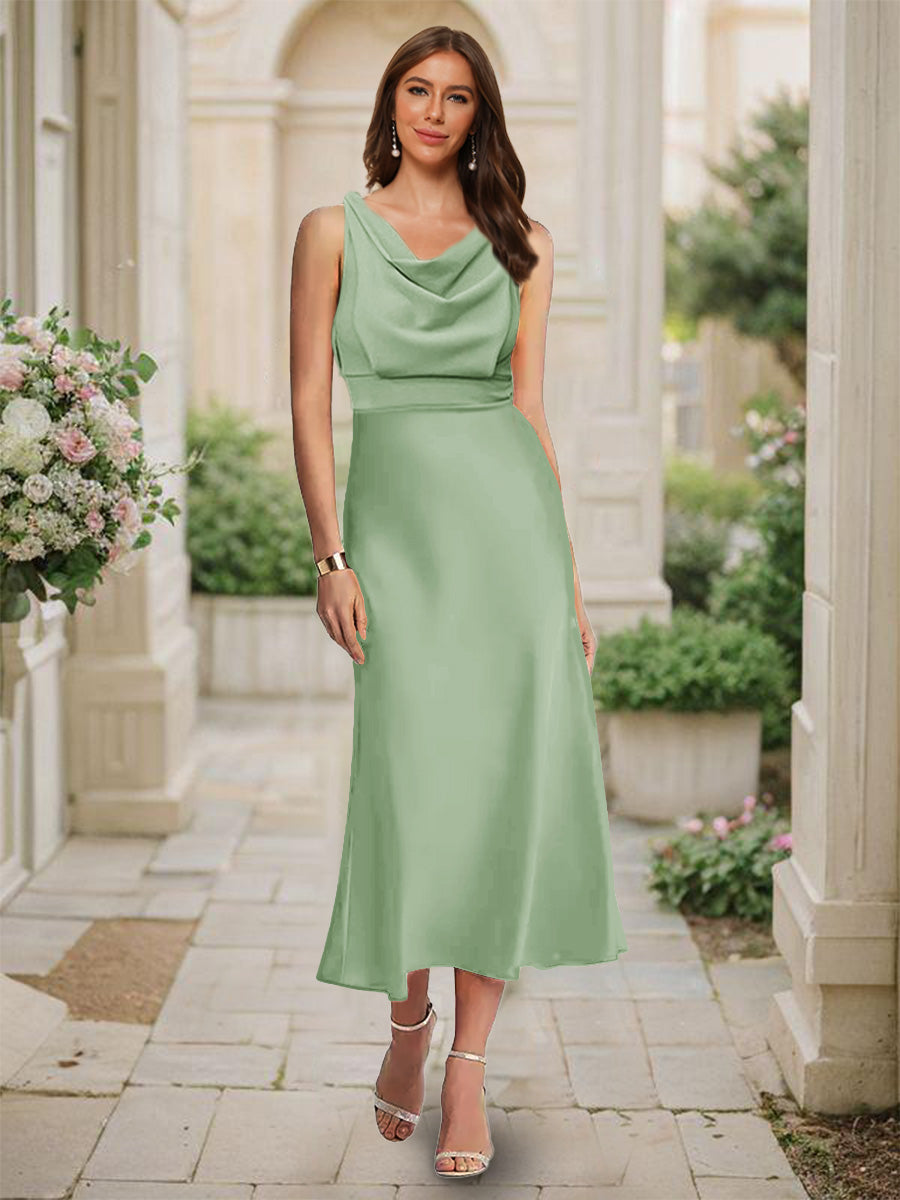 Trumpet/Mermaid Cowl Neck Sleeveless Tea-Length Ruched Bridesmaid Dresses Dusty Sage