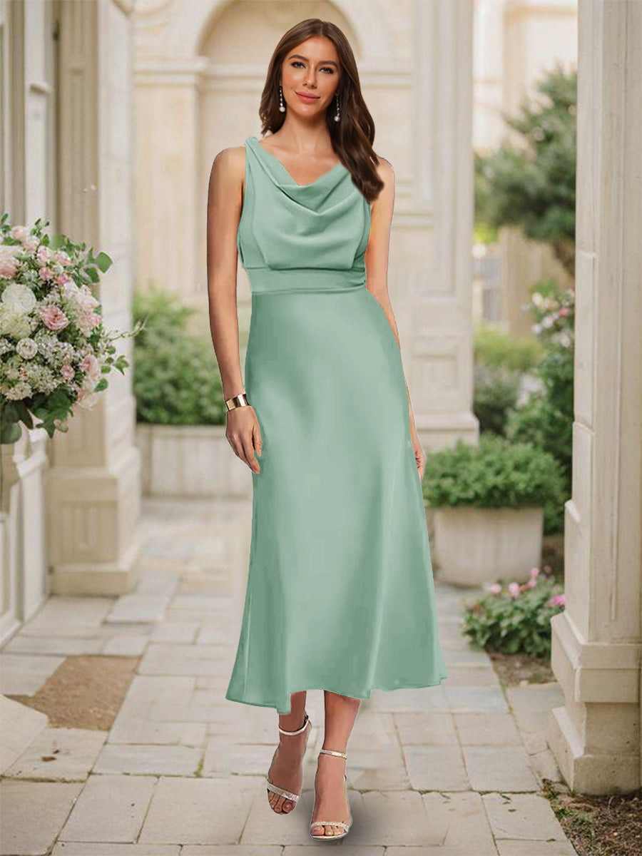 Trumpet/Mermaid Cowl Neck Sleeveless Tea-Length Ruched Bridesmaid Dresses Eucalyptus