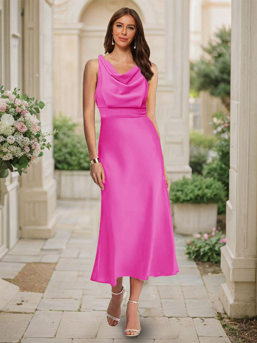 Trumpet/Mermaid Cowl Neck Sleeveless Tea-Length Ruched Bridesmaid Dresses Fuchsia