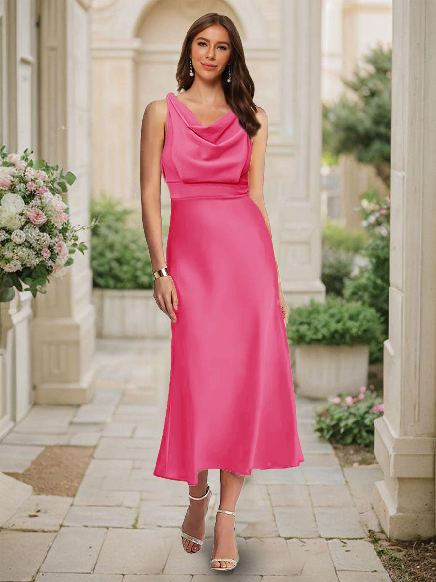 Trumpet/Mermaid Cowl Neck Sleeveless Tea-Length Ruched Bridesmaid Dresses Fuchsia Pink