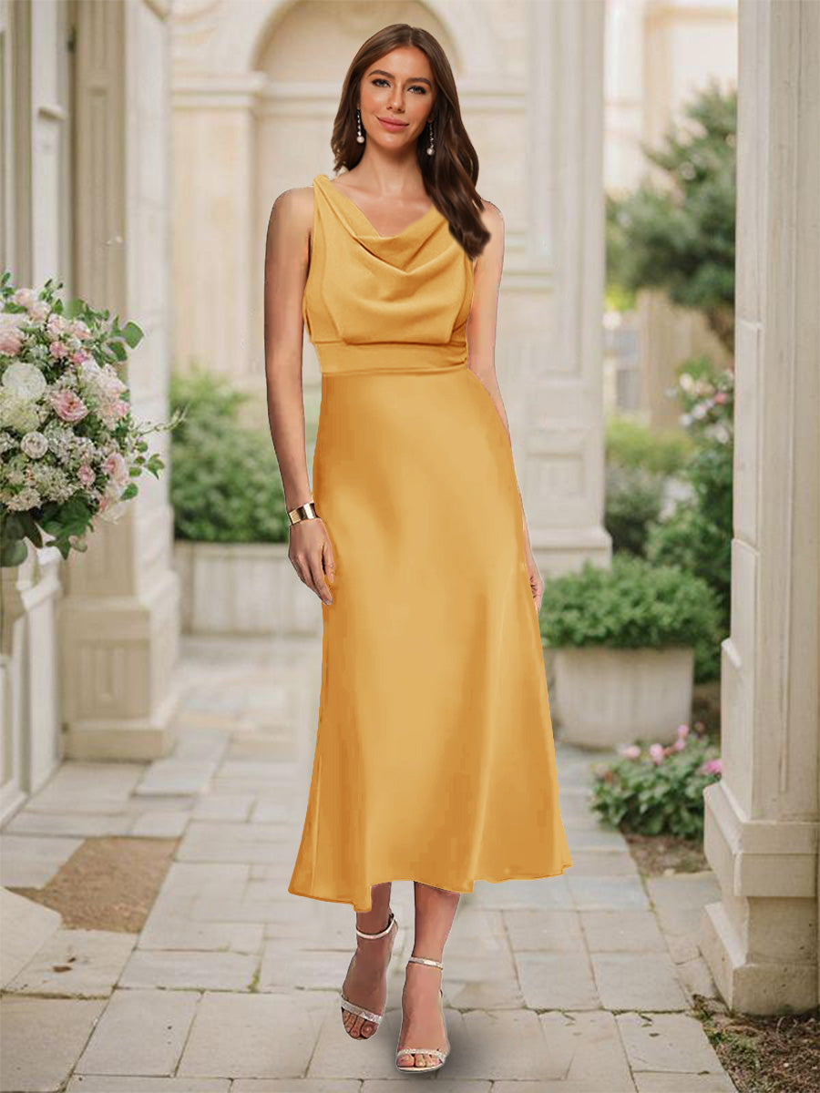 Trumpet/Mermaid Cowl Neck Sleeveless Tea-Length Ruched Bridesmaid Dresses Gold
