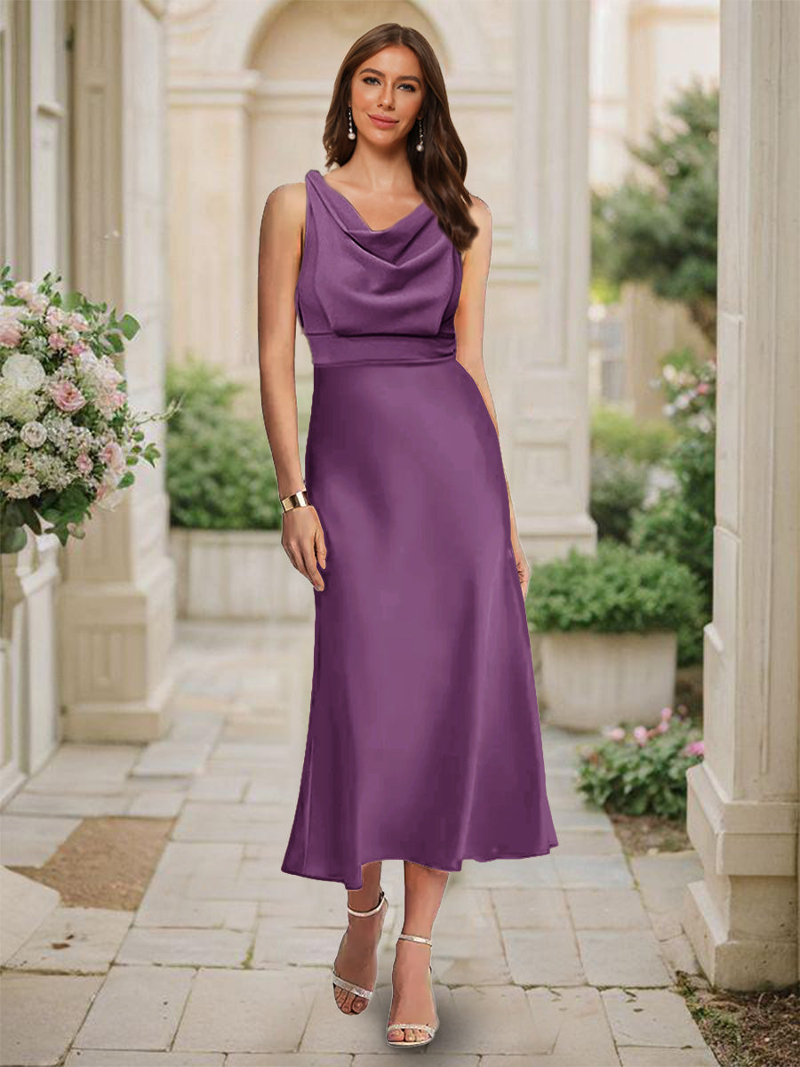 Trumpet/Mermaid Cowl Neck Sleeveless Tea-Length Ruched Bridesmaid Dresses Grape